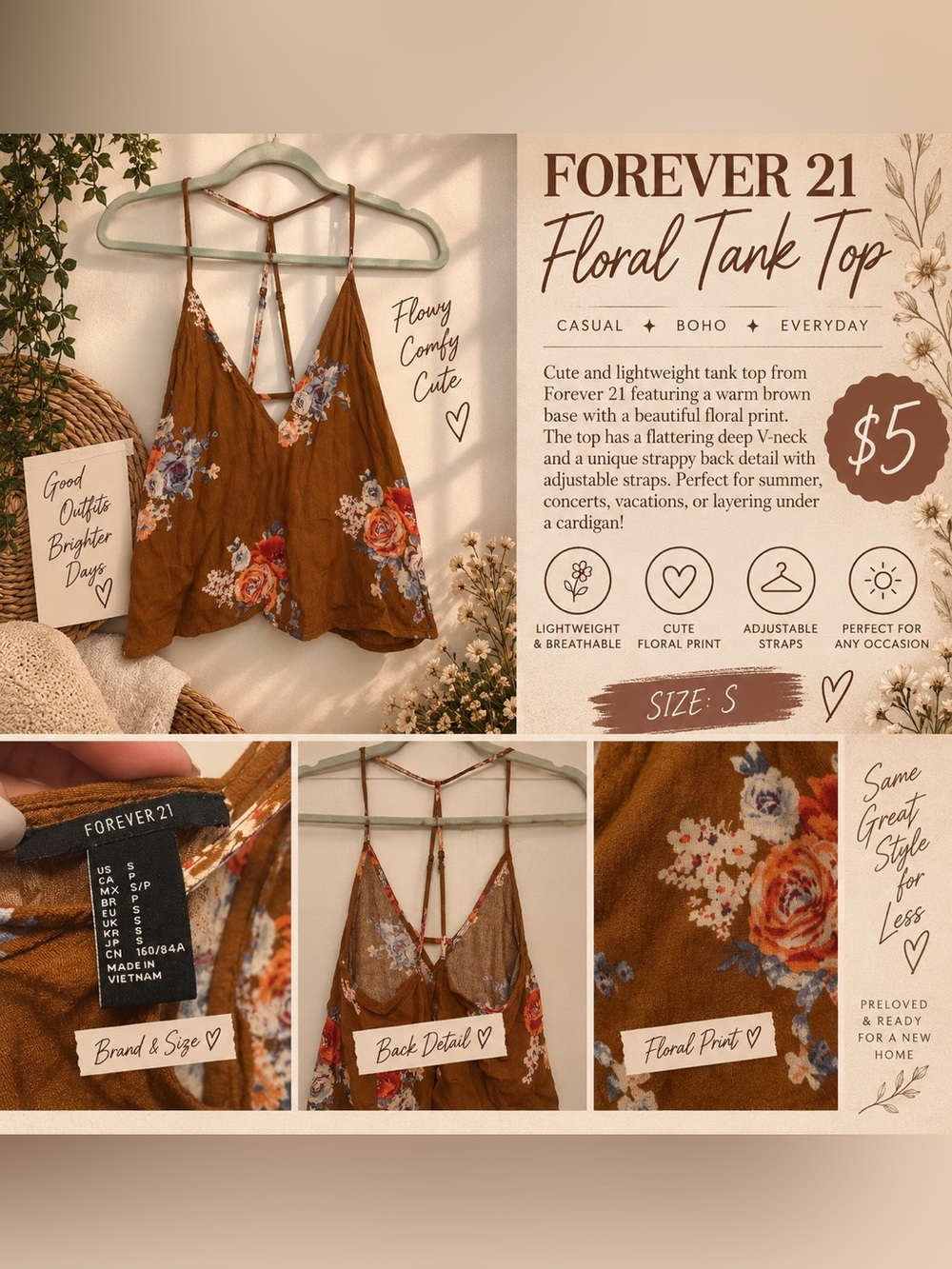 Forever 21 Brown Floral Strappy Tank Top